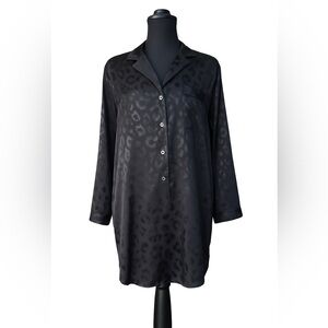 Natori Black Satin Leopard Print Sleep Shirt Dress Size Small
